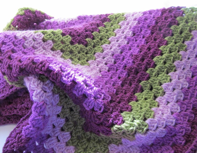 crochet baby blanket, baby girl, granny square blanket, purple, green