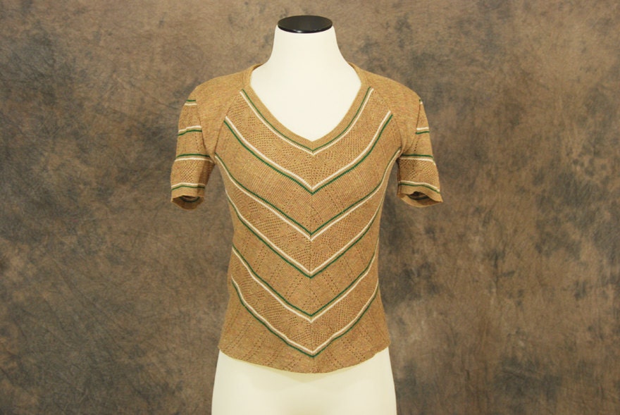 vintage 70s Sweater - Brown Chevron Stripe Open Weave Pointelle Sweater Sz S M