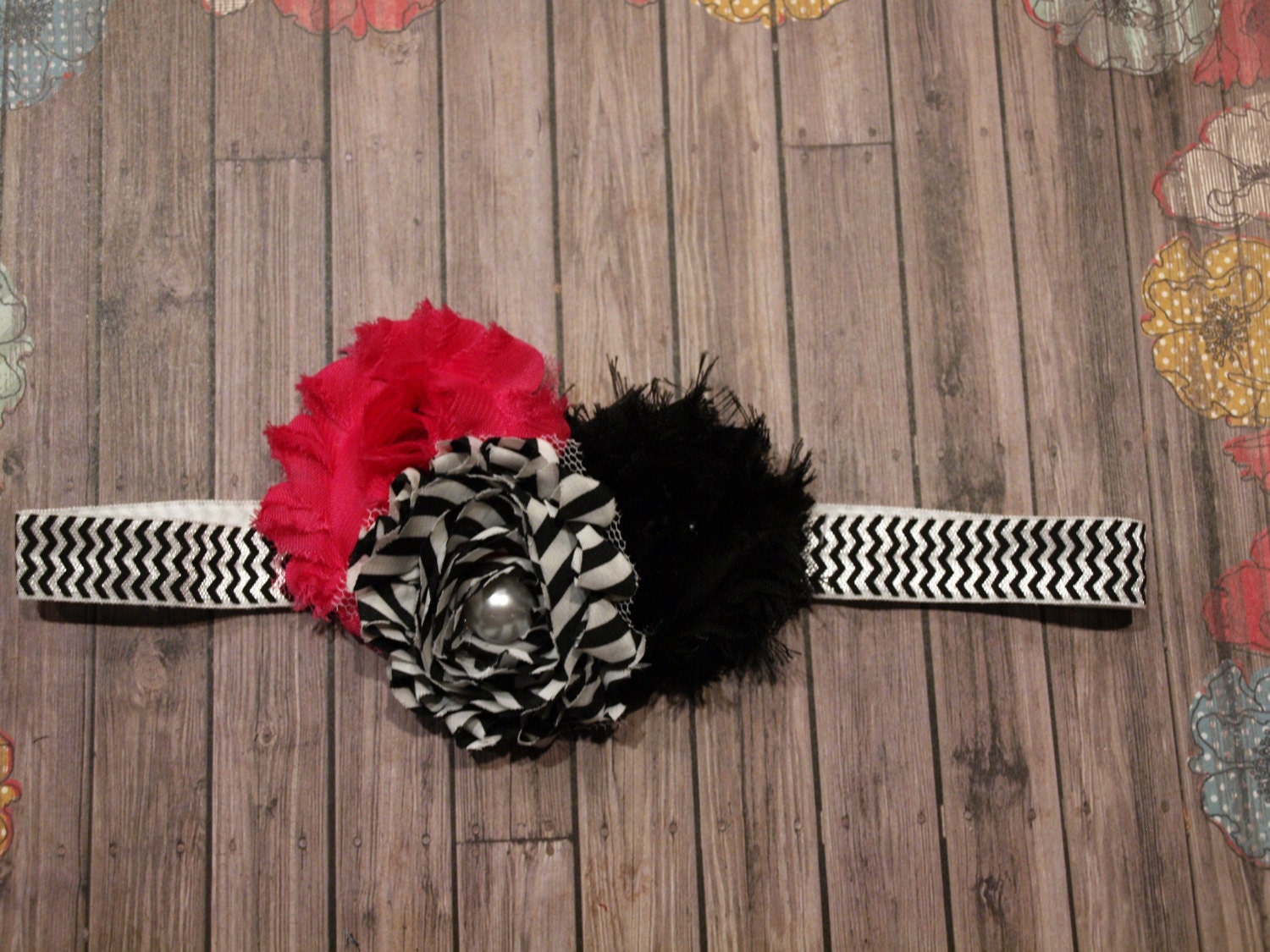 Hot Pink Black and Chevron Flowery Stretch Headband