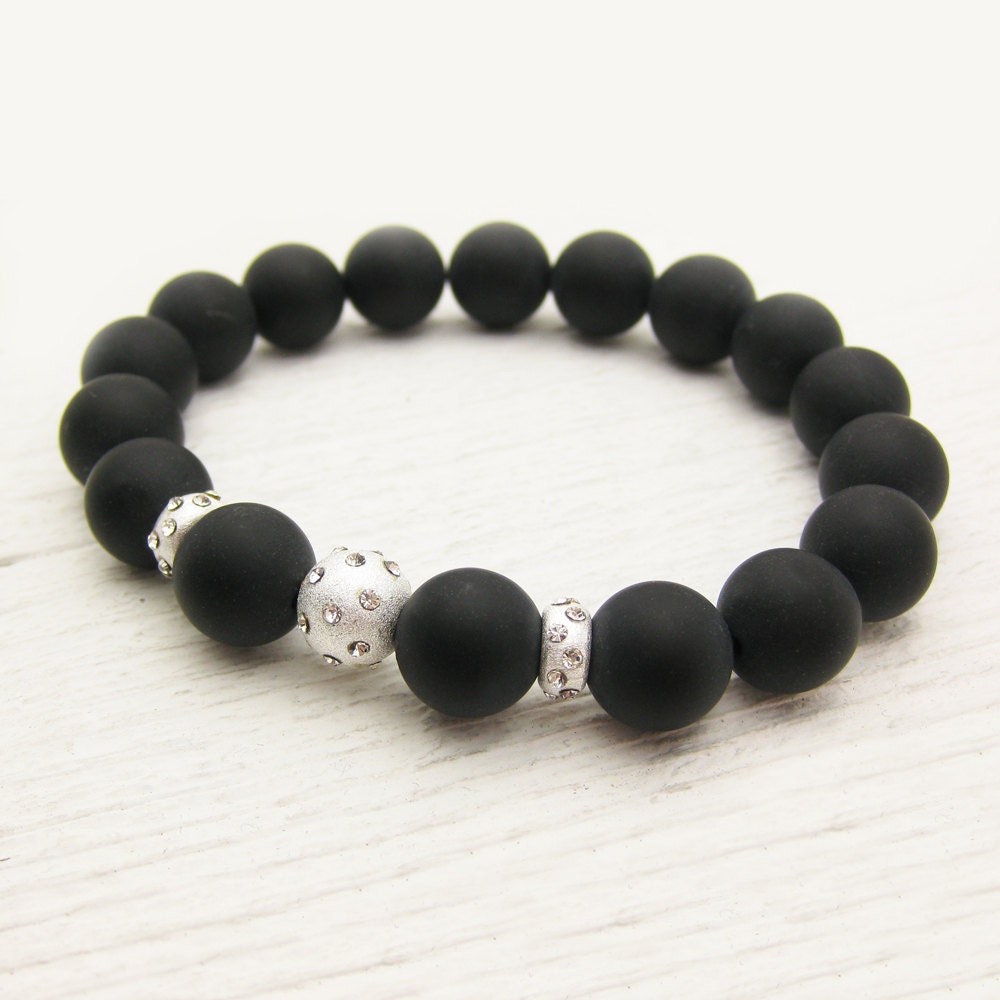 Black and White Onyx Sterling Rhinestone Bracelet / Matte Gemstone Brushed Silver Inset Rhinestones / dramatic bold bling black night