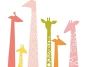 giraffes giclée print. 8X10. pink, orange, green, yellow