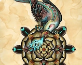Brown Geometric Tudor Rose Bird Tattoo Art  A3 Print