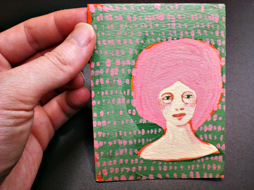 Rose Tinted Girl, OOAK tiny original acrylic portrait on paper by Rowena Murillo