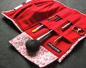 Makeup Bag - Marvellous Moveable Makeup - Brush Travel Roll - Pretty Cherry Print, Fire Engine Red Lining