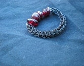 VIKING KNIT RING with Garnet Beads - Adjustable Size 8 Black Plated Copper - Single Weave