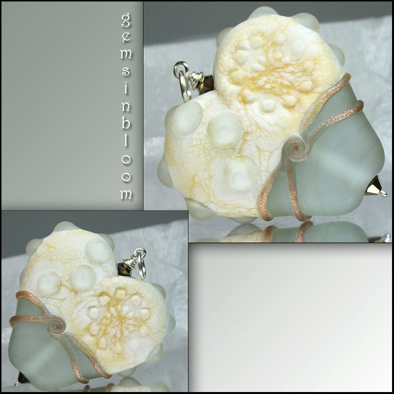 SRA Lampwork GemsInBloom Cream Grey Etched Lampwork Bead Pendant
