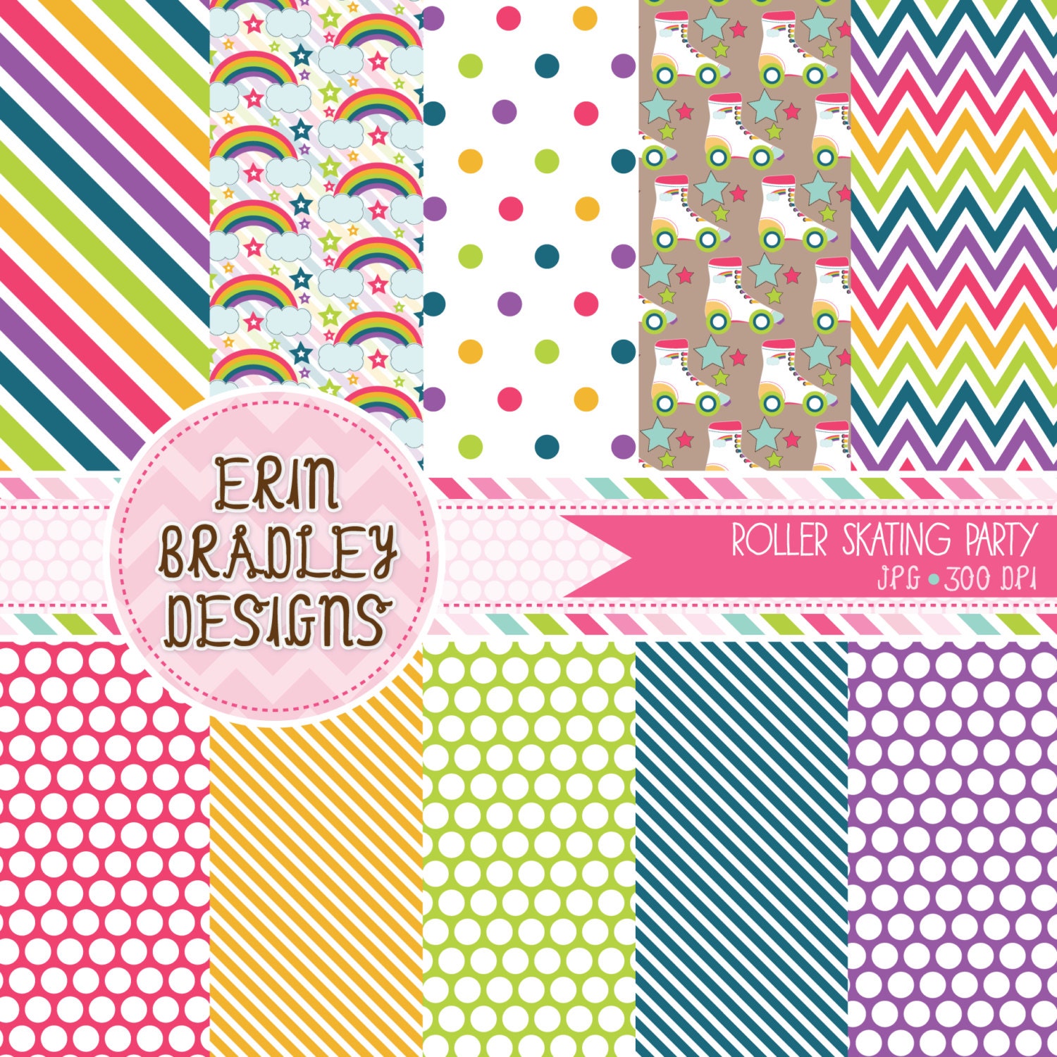 Roller Skating Party Digital Paper Pack Commercial Use Instant Download