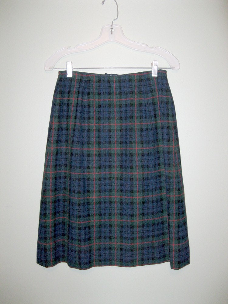 Vintage Blue Plaid Wool Skirt / Medium / 28 inch waist