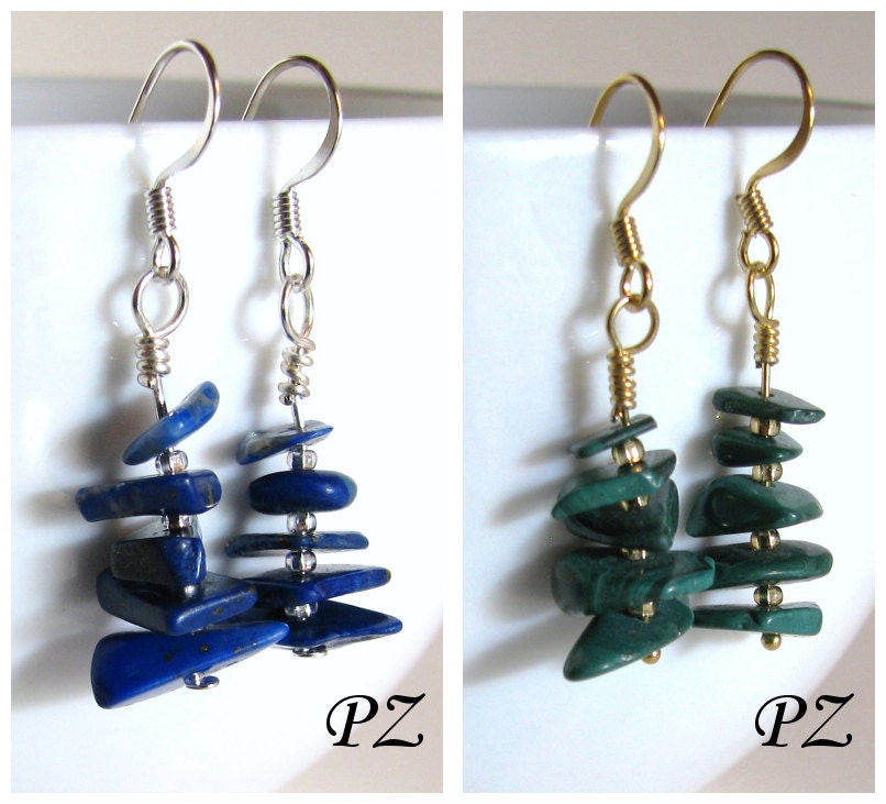 CUSTOM Stacked Chip Bead Earrings - gold, silver, copper, tiger's eye, amethyst, malachite, lapis, blackstone, quartz