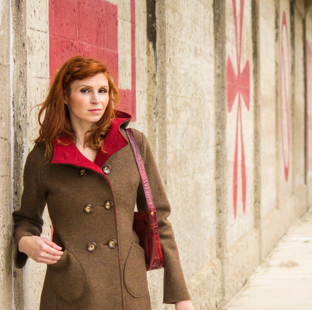 Hooded coat, Italian boiled wool knit, ladies coat, virgin merino wool, Patina and Ruby two tone