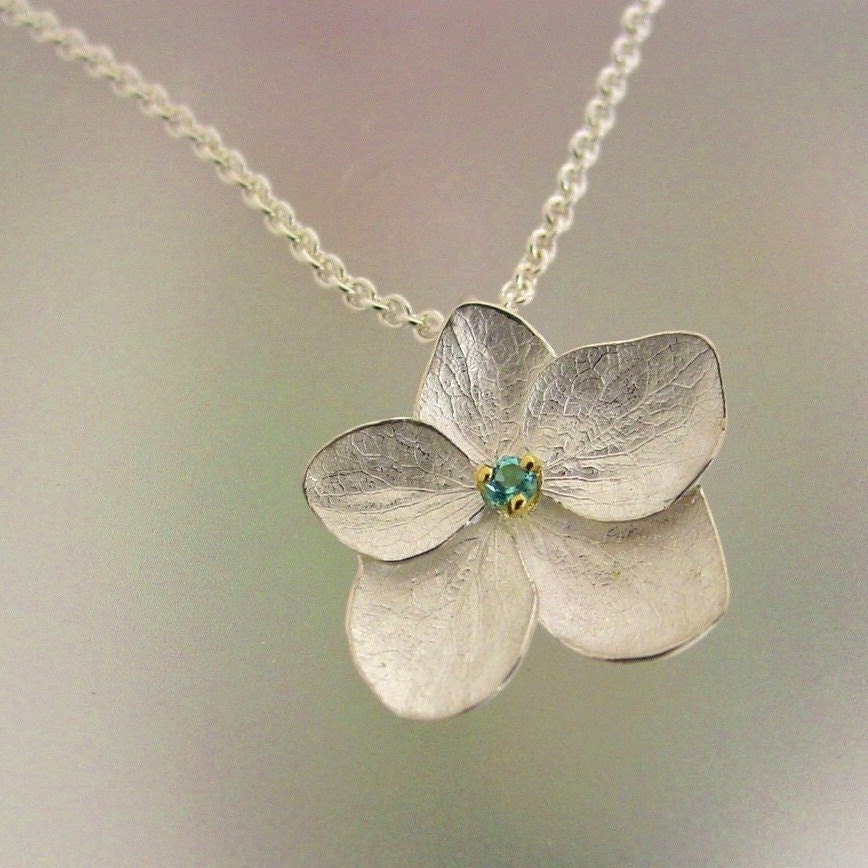 Hydrangea Flower Necklace with Blue Topaz, Sterling Hydrangea Pendant Made to Order