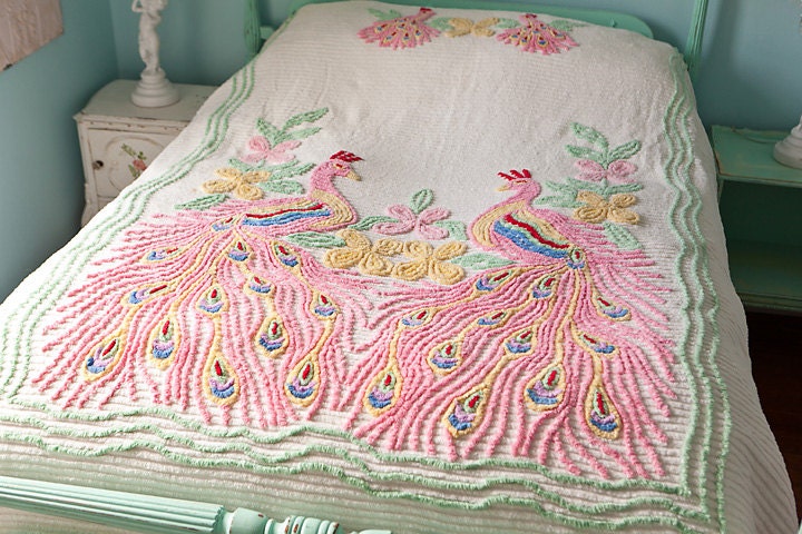 peacock chenille bedspread shabby chic vintage pink green white AWESOME RARE full queen