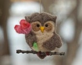 Needle Felted Owl Ornament - Holding Flowers