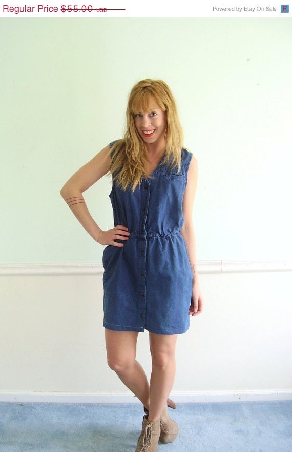25% OFF . . . Denim Blue Sleeveless Mini Summer Shirt Dress - Vintage 90s - Small S Medium M