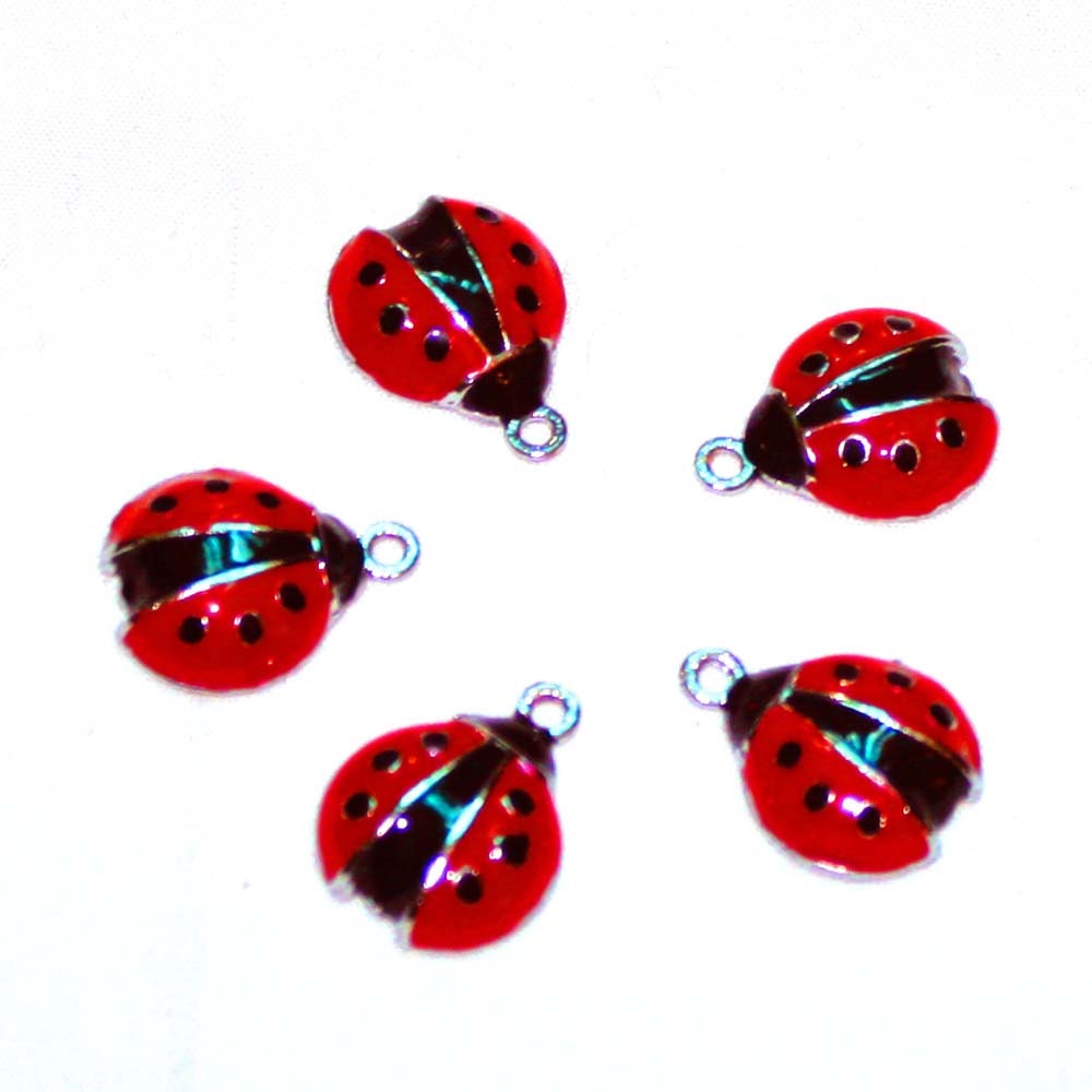 Enameled Red Lady Bug Charms - Black Dots - Good Luck - Supplies Bead
