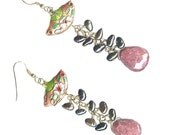 peach cloisonne fan chunky rhodonite briolette gray pearl earrings
