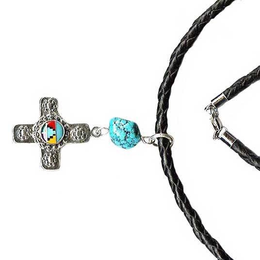 Zuni-style gem inlay sterling silver Southwest cross leather necklace