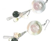 Rose quartz flower, mother-of-pearl long earrings