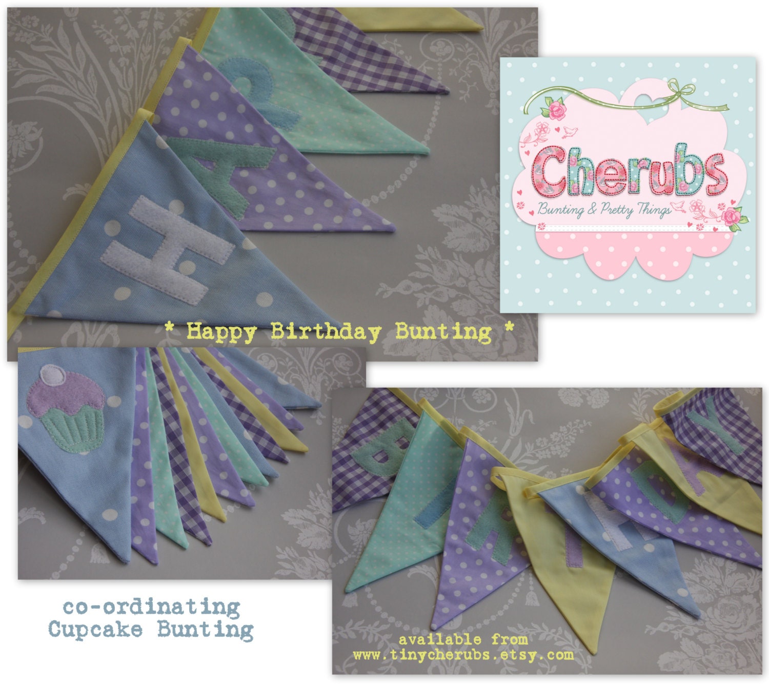 Happy Birthday Cupcake Banner Bunting Set Mint Green, Lemon, Lilac and Blue Birthday Party Celebration or Photo prop Custom Made to orde Il_170x135
