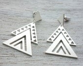 Aztec Earrings, Mexican tribal inspired jewelry, geometric triangle posts, gold silver studs