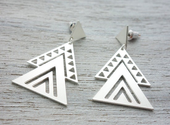 Aztec Earrings, Mexican tribal inspired jewelry, geometric triangle posts, gold silver studs