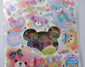 Cute Teddy Bear Japanese Sticker Flakes Set - Pink, Purple, Blue, Yellow Teddies - Hearts, Sweets, Candy, Ribbon, Bows