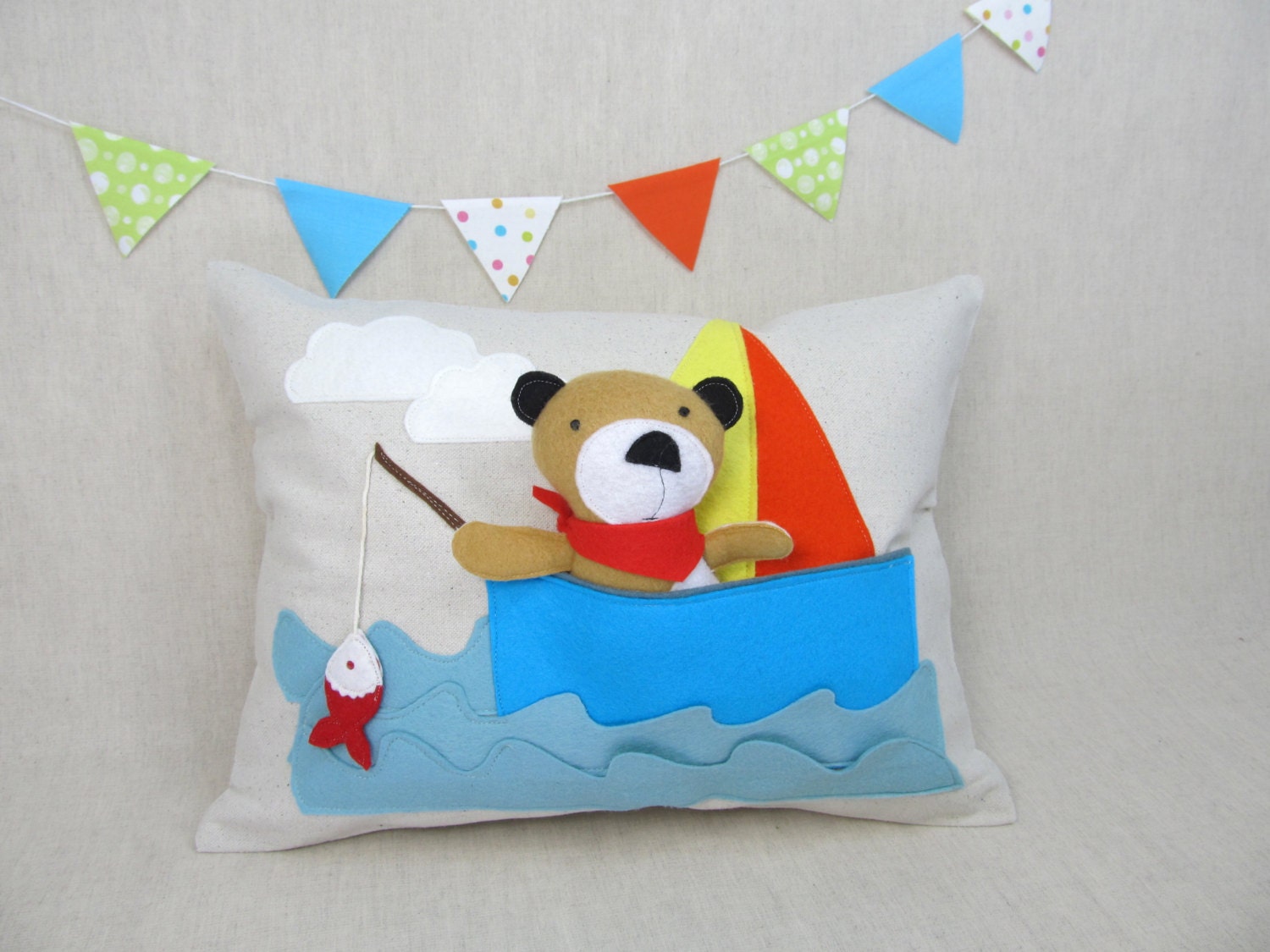 Playful Pillow with Bear in the Boat - Children, Nursery, Decor, Toy, Boys, Bear, Marine, Gift