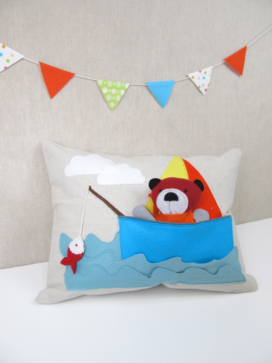 Playful Pillow with Bear in the Boat - Children, Nursery, Decor, Toy, Boys, Bear, Marine, Gift