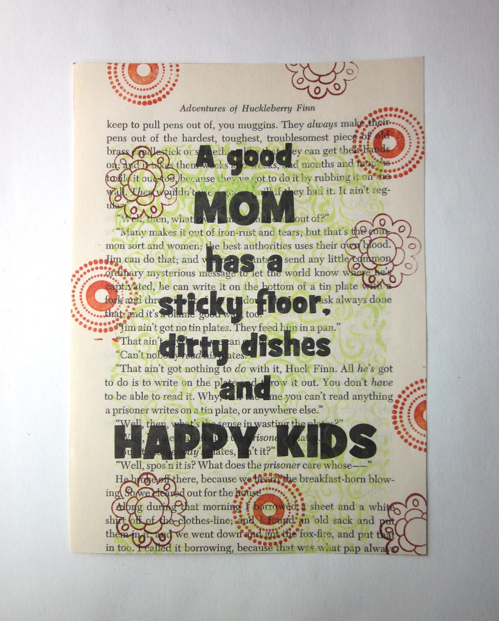 Mother print on a book page, a good mom has a sticky floor and happy kids