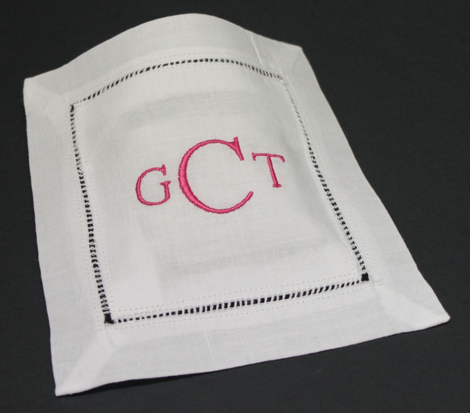 Three Initials Monogram Embroidered Hemstitched Linen Sachet Pillow