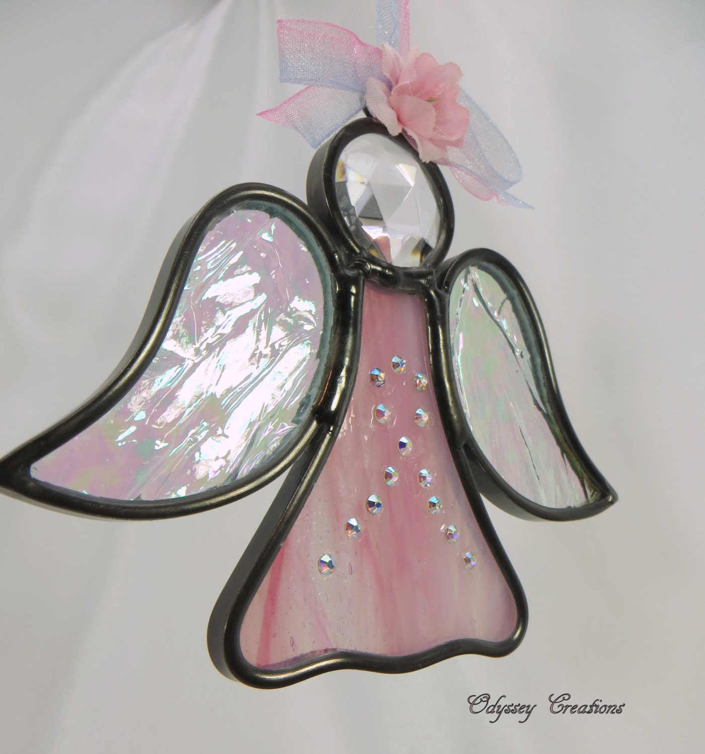 Pink and Irridized Breast Cancer Angel Stained Glass Ornament or Window Decoration