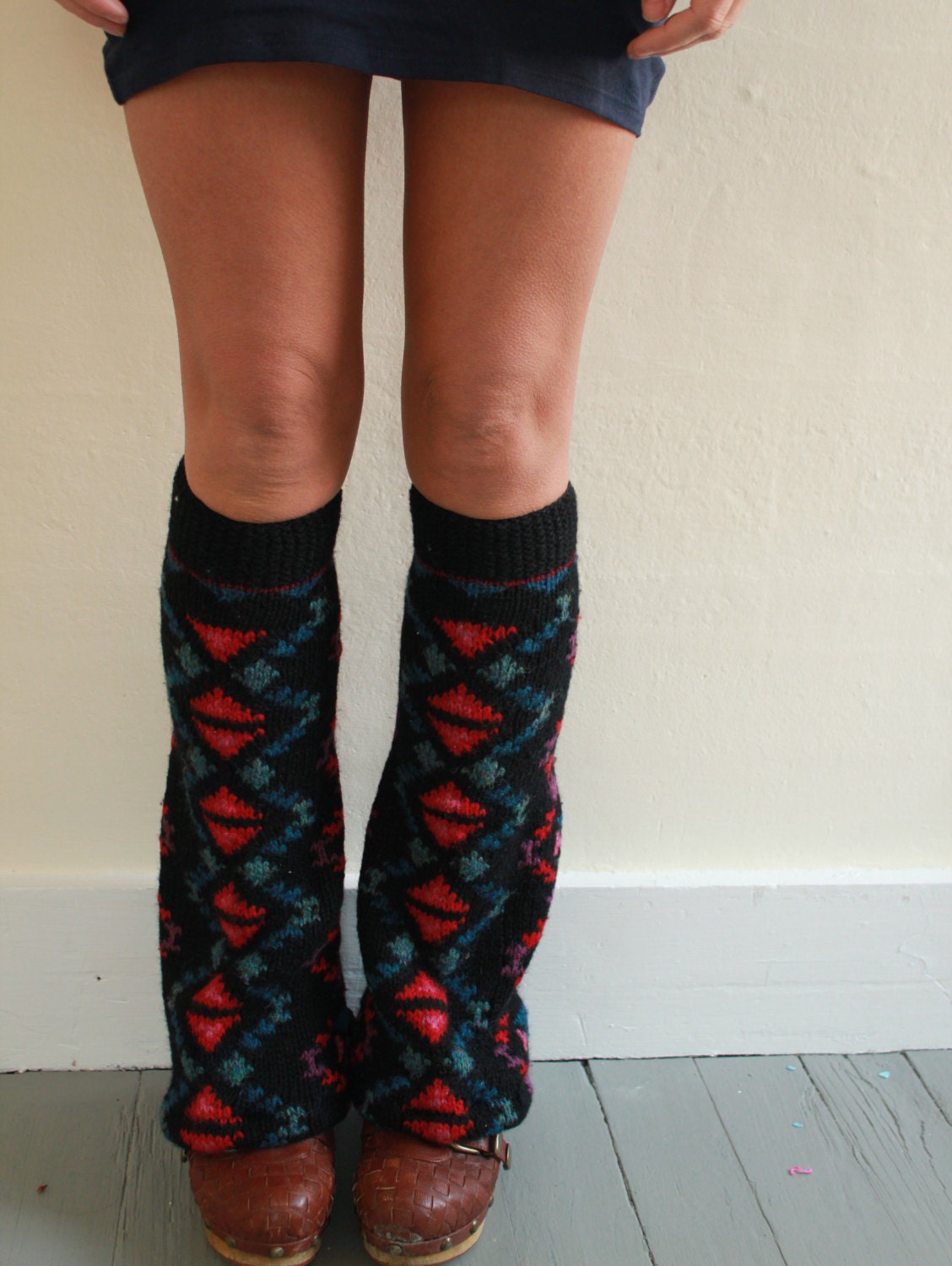 Neon and Black Native Star Upcycled Recycled Sweater Flared Leg Warmers Legwarmers By Mountain Girl Clothing