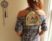 Purple/Gray/White Mexican Embroidered Open Cold Shoulder Upcycled Plaid Top/Shirt/Tunic/Babydoll Women's Recycled Clothing Size Small/Medium