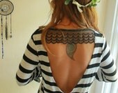 Striped Gray Black Lace Low Open Back Backless Blouse/Shirt/Top Upcycled Recycled with Bell Sleeves Womens Size Medium