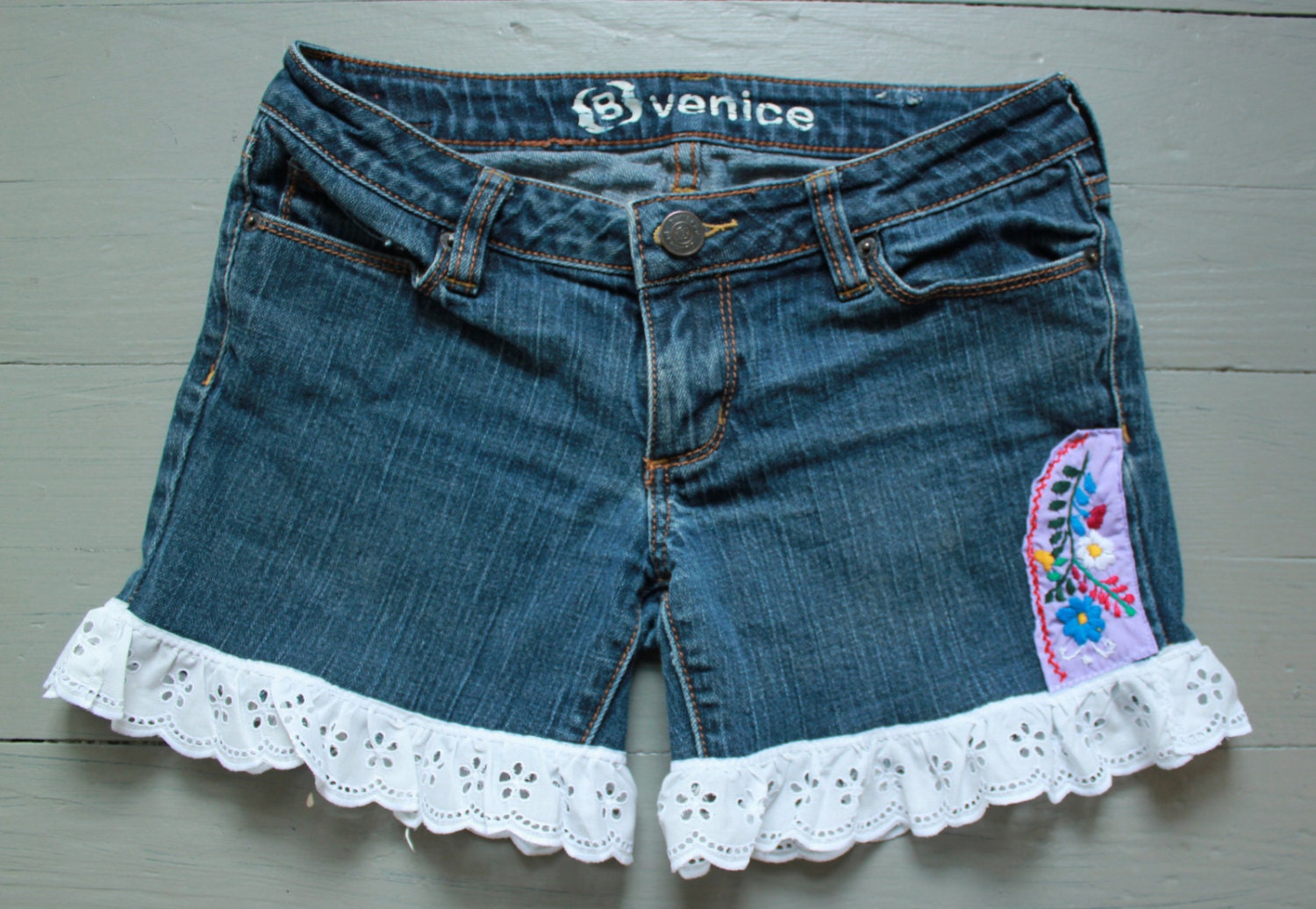 Embroidered Crochet Floral Eyelet Lace Bloomer Boho Upcycled Recycled Cut Off Shorts Size 3 Festival Hippie Bohemian By MountainGirlClothing