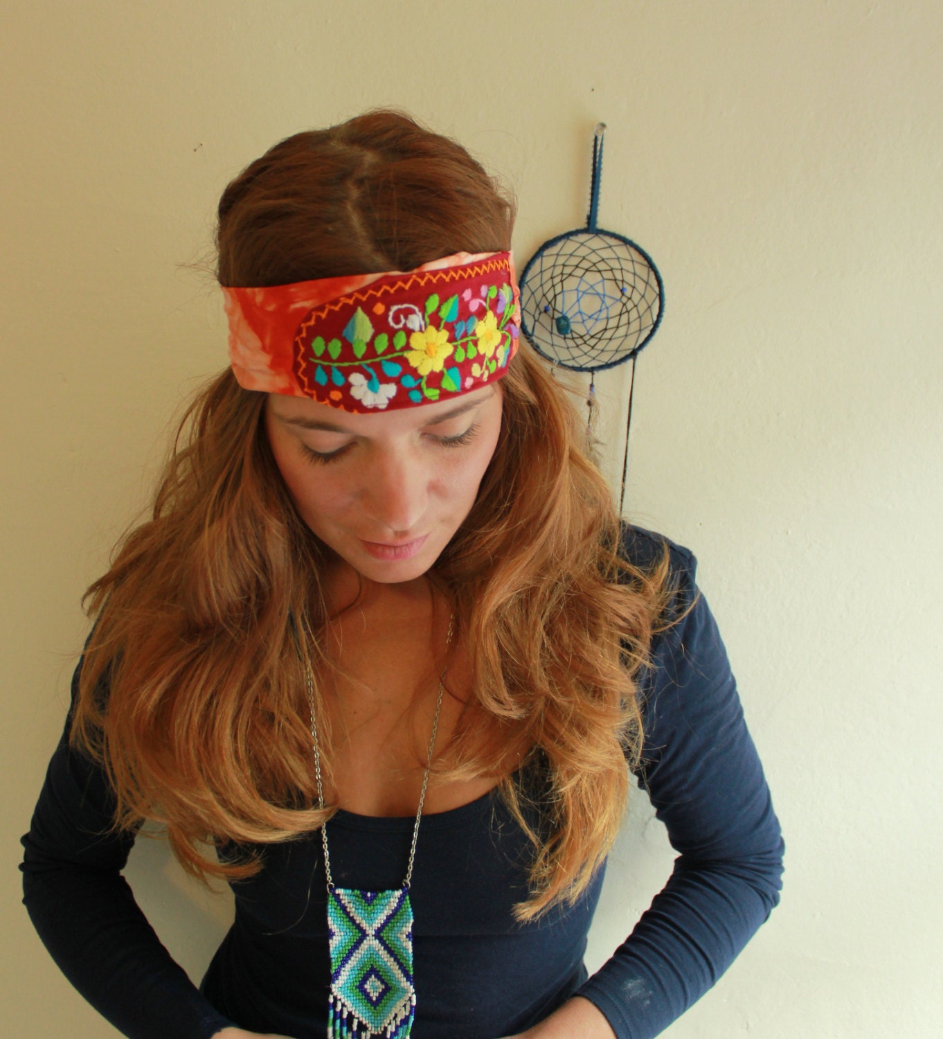 Tie Dye Orange Bohemian Hippie Mexican Embroidered Floral Headband Upcycled Recycled By MontainGirlClothing