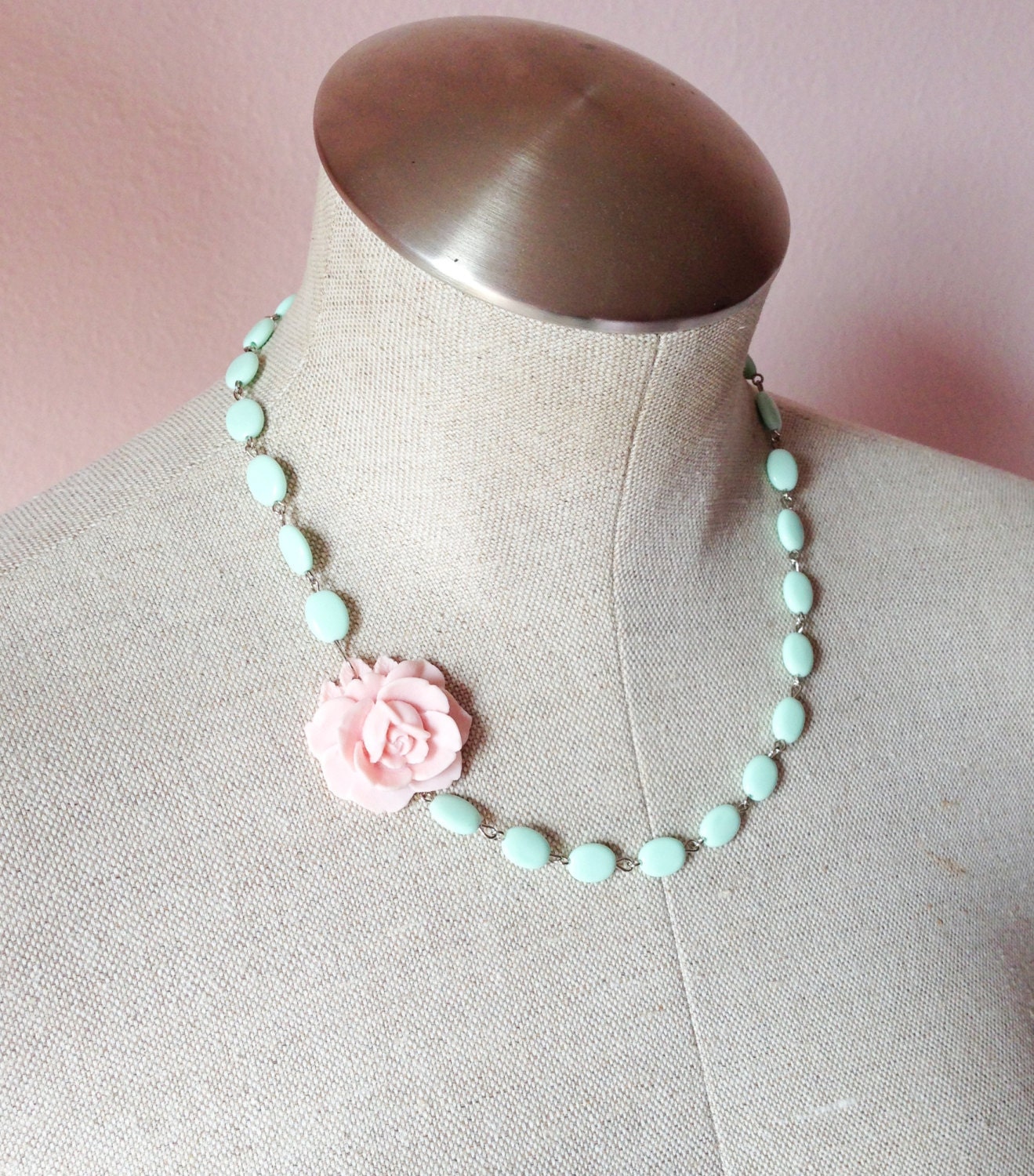 Soft pink and mint flower necklace