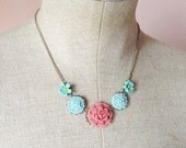 Flower necklace, statement necklace, aqua, pink, shabby chic