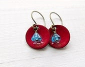 Dangle Earrings, Scarlet Red Enamel And Aqua Blue Flowers, Copper And Brass - Flora