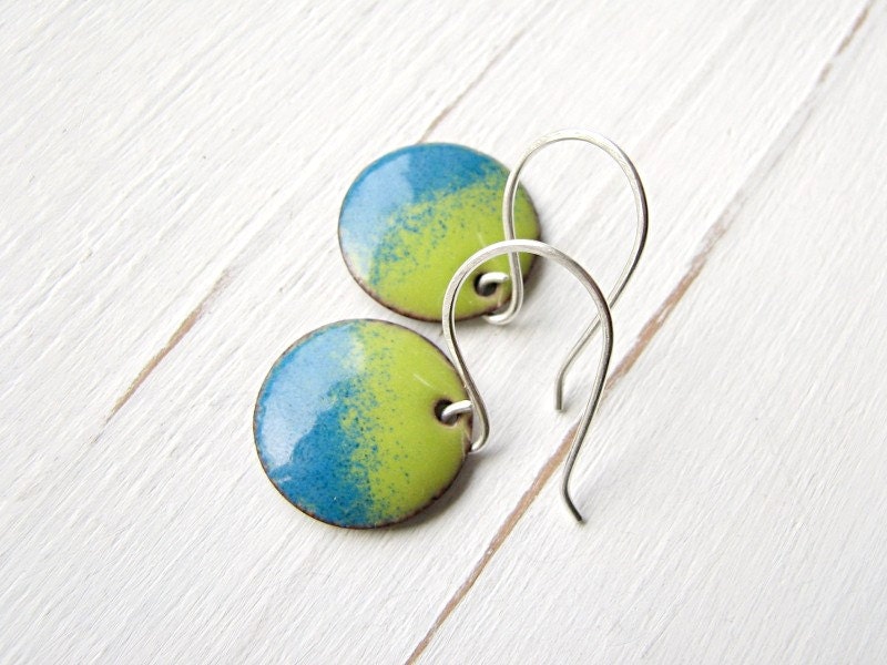 Enamel Earrings, Copper And Sterling Silver, Lime Green And Blue - Confidence