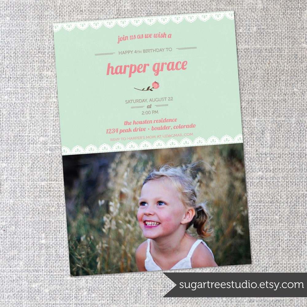 Shabby Florals - Birthday Custom Photo Invitation
