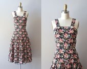 vintage black floral dress / cotton 1970s dress / Pietra Dura dress