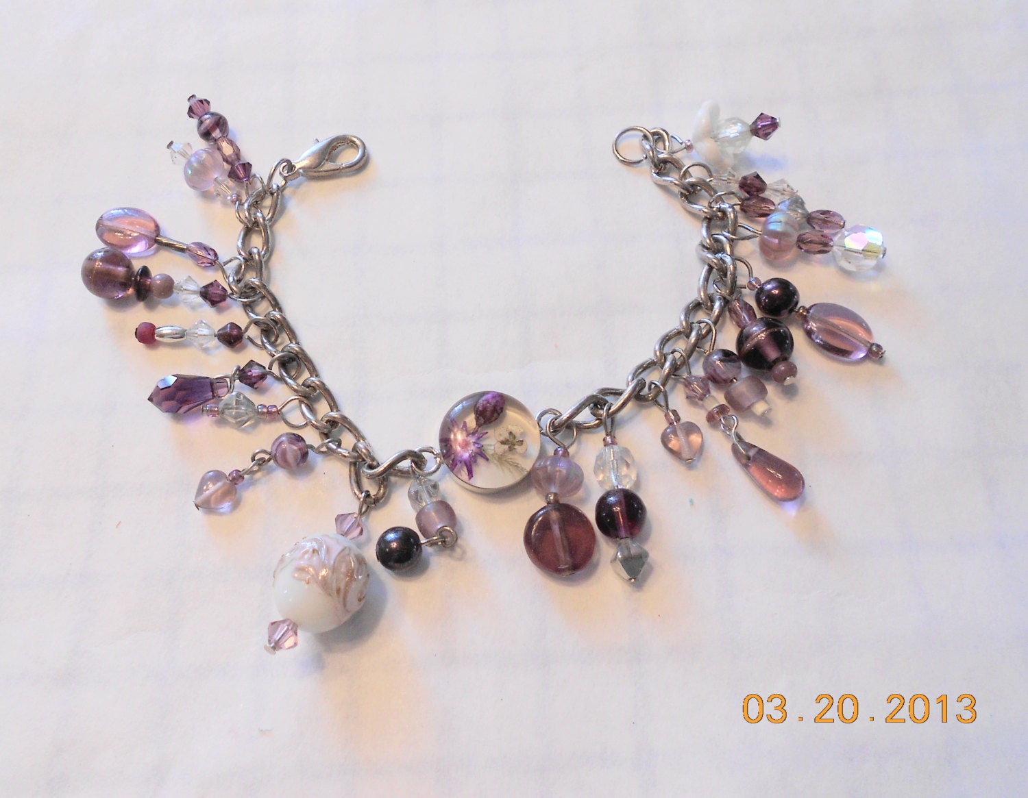 Bangle Bracelet  Purples  Silver Chain  Vintage Beads  8"