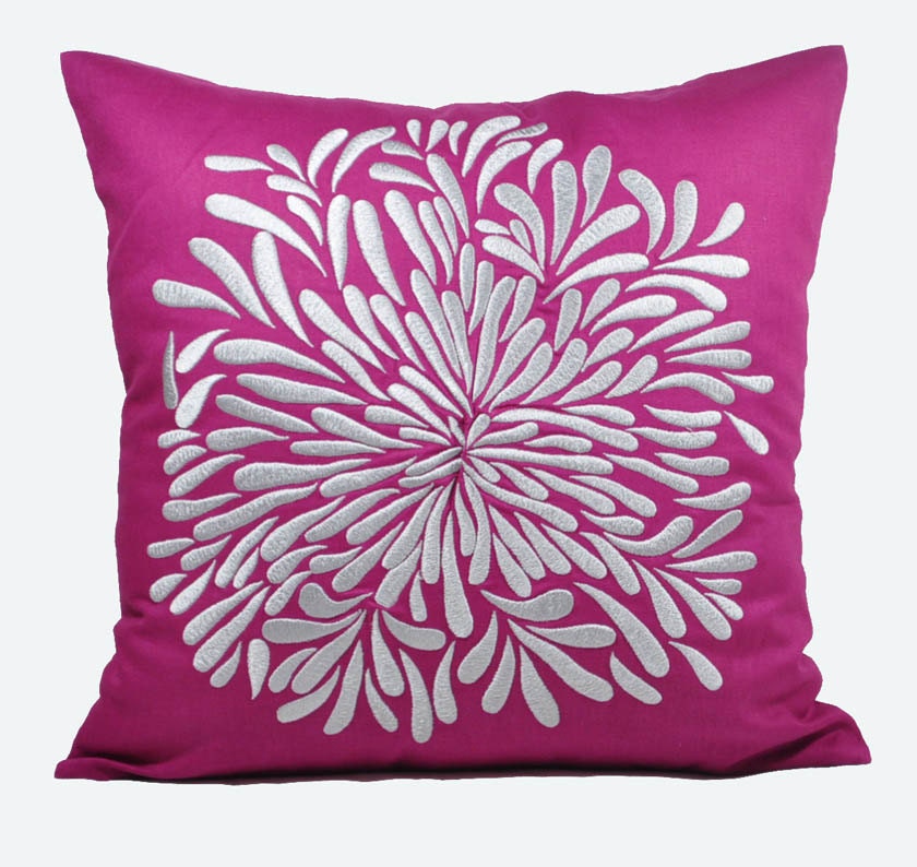Silver Flower Decorative Pillow Cover, Dark Purple Linen Pillow with Silver Flower Embroidery, Pillow Accent 18" x 18", Purple Couch Pillow