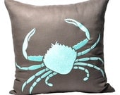 Crab Pillow Cover, Taupe Brown Linen with Turquoise Crab Embroidery, Decorative Pillow Cover 18x18, Cottage Decor,Nautical Couch pillow