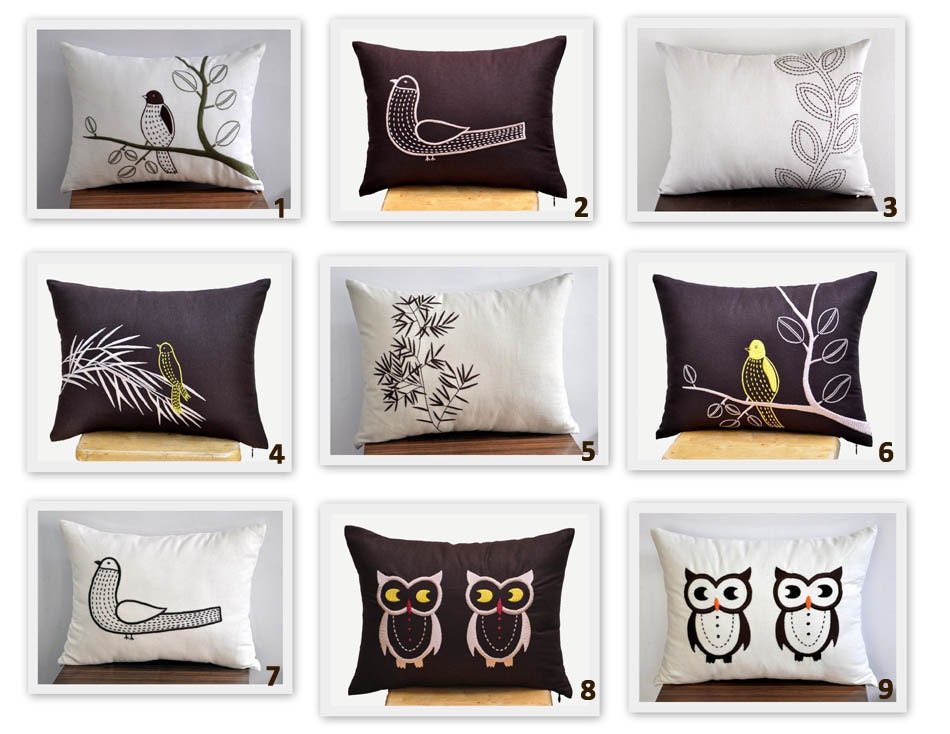 Bird on Bamboo Lumbar Pillow Cove, Decorative Pillow Cover, Dark Brown Linen with Bird Embroidery, Bird Cushion, Pillow Case 12 x 16