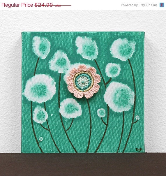 On Sale - Cute Gift for Girl - Flower Painting on Mini Canvas - Jade Green and Peach Art - IN STOCK