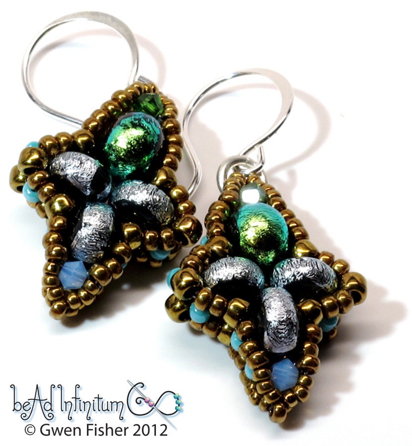 Iris Drop Beaded Earrings Dichroic Glass Bronze Sterling Silver Wire