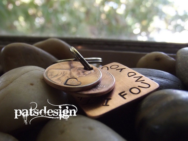 Lucky Us Copper Keychain with two lucky pennies     The squared version