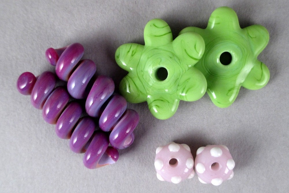 Whimsy Pairs of Handmade Lampwork Art Glass Beads, by Patti Cahill, sra -- Orchid color scheme